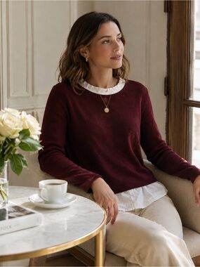 Sfera Basic Burgundy Layered Sweater Women’s Large Long Sleeve Ruffle Hem Top